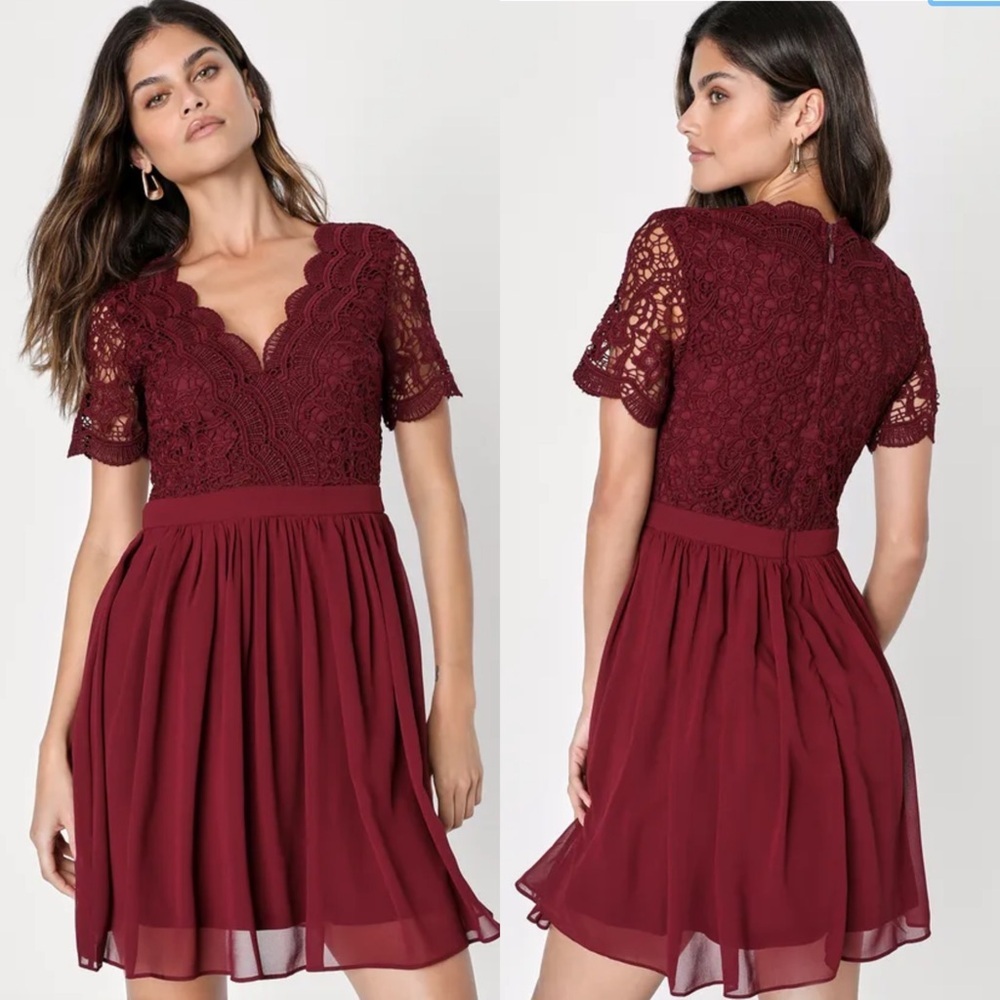 Lulus Angel in Disguise Burgundy Lace Skater Dress